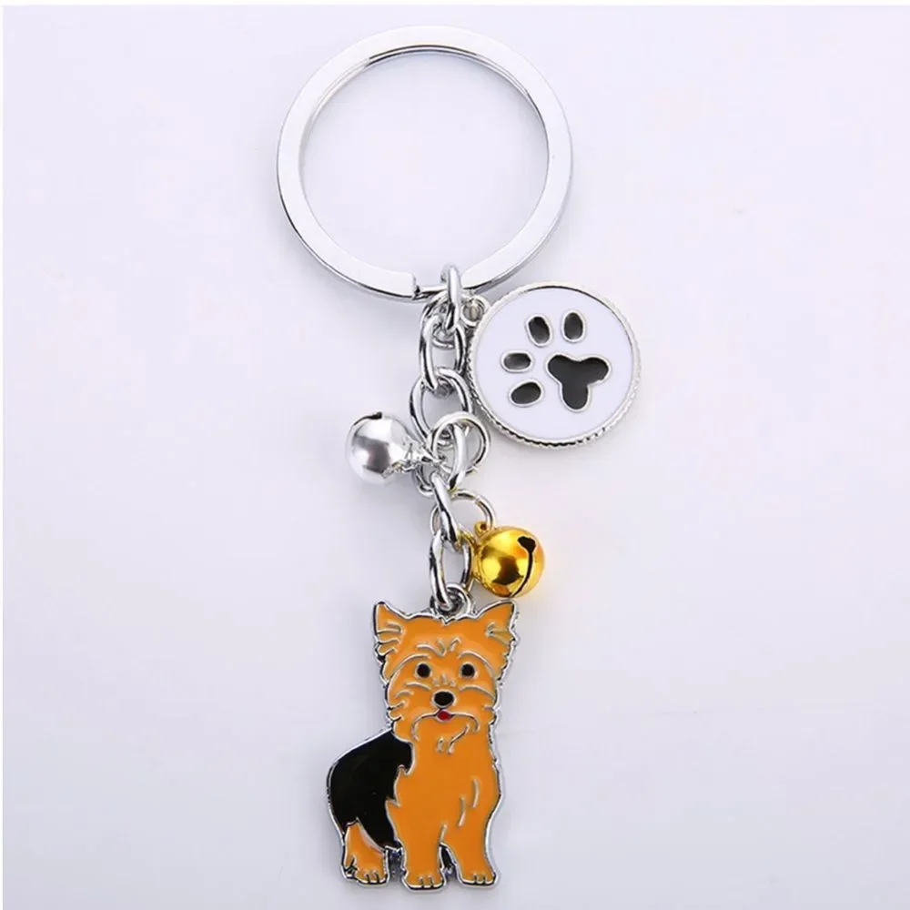 Yorkie and Bells Pet Keychain Silver Brown Black